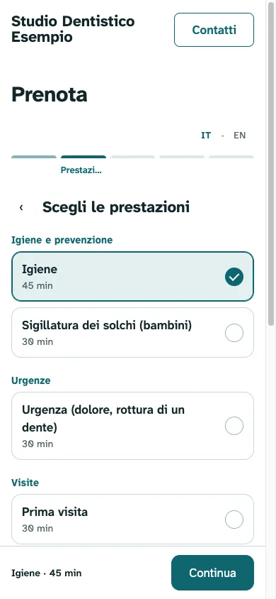 Secondo passo: la scelta della prestazione, per esempio l'igiene