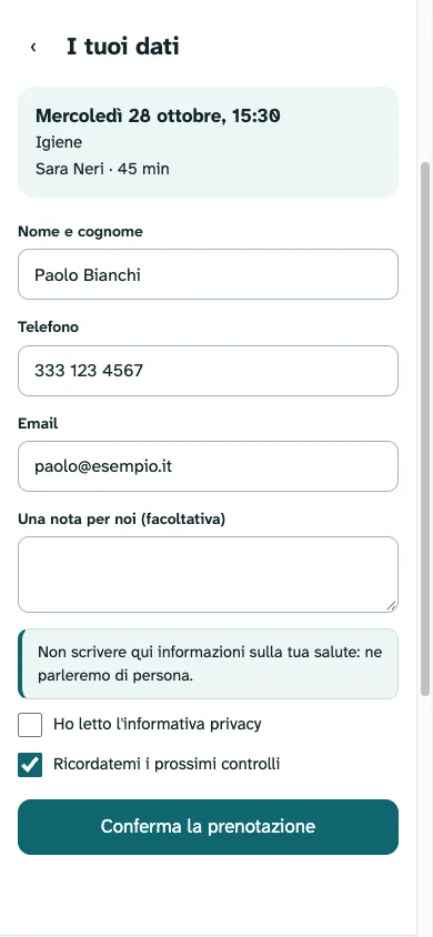 Quarto passo: nome, telefono ed email, con la casella per i richiami